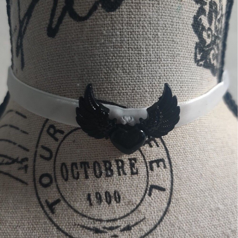 Black Heart with angel wings Hand Crafted Gothic white velvet choker necklace